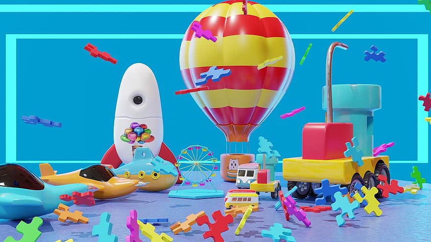 žaislai, 3d render, 3D maketas, linksma, žaislas, kelių spalvų, vaikas, žaisti, iliustracija, fonas, vaikystėje
