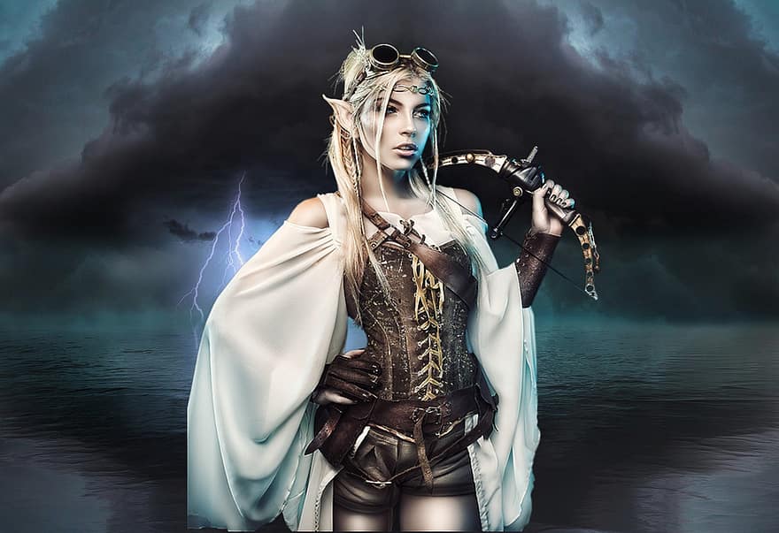 Background, Ocean, Lightning, Archer, Warrior, Fantasy, Female, Avatar, Character, Digital Art