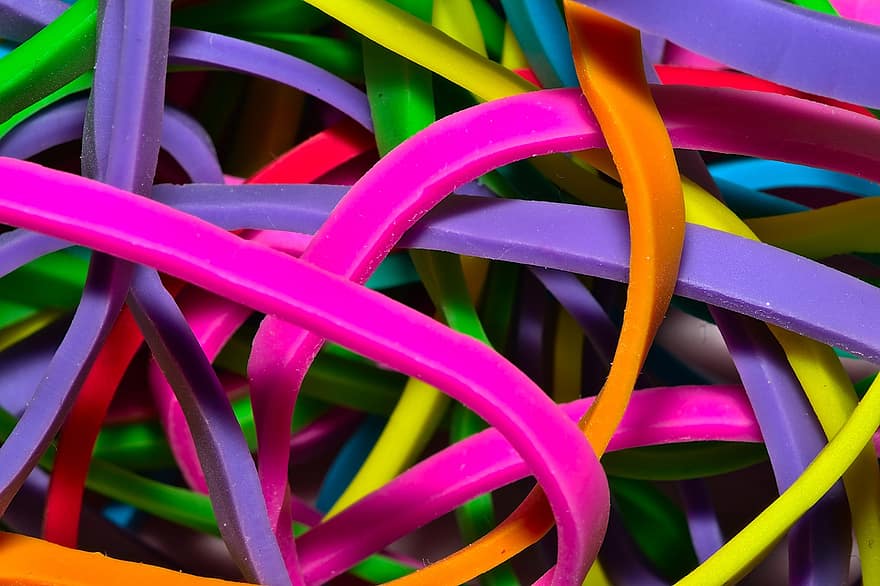 elastikker, kontorartikler, farvede gummibånd, elastikbånd, bands, tæt på, makro, multi farvet, baggrunde, farver, abstrakt