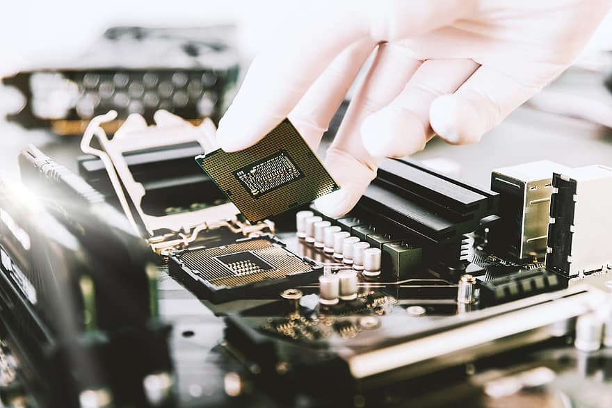technician, putting, CPU, socket, computer, motherboard, board, chip, closeup, component, connection