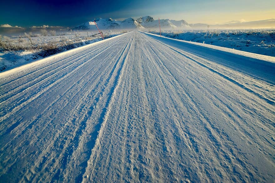 Camí, neu, hivern, paisatge, fred, carretera, blanc, gel, blau
