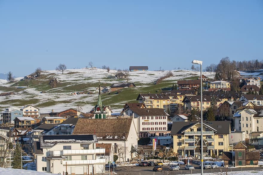 Houses, Village, Winter, Hill, Trees, Snow, Homes, Buildings, Community, Architecture, Cold