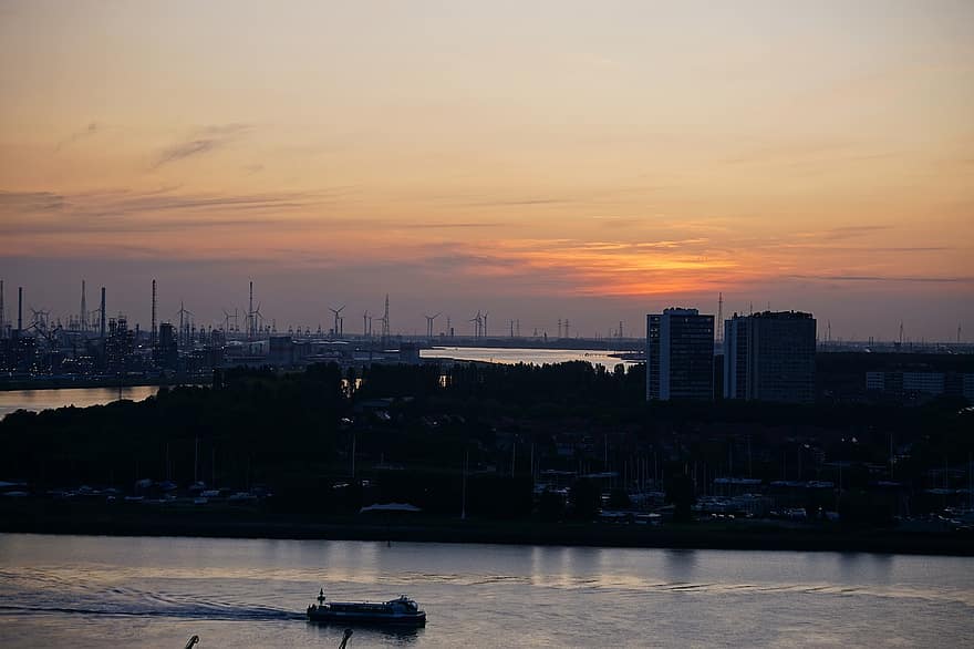 Anvers, tarda, posta de sol, Bèlgica, riu, vespre, arquitectura, indústria