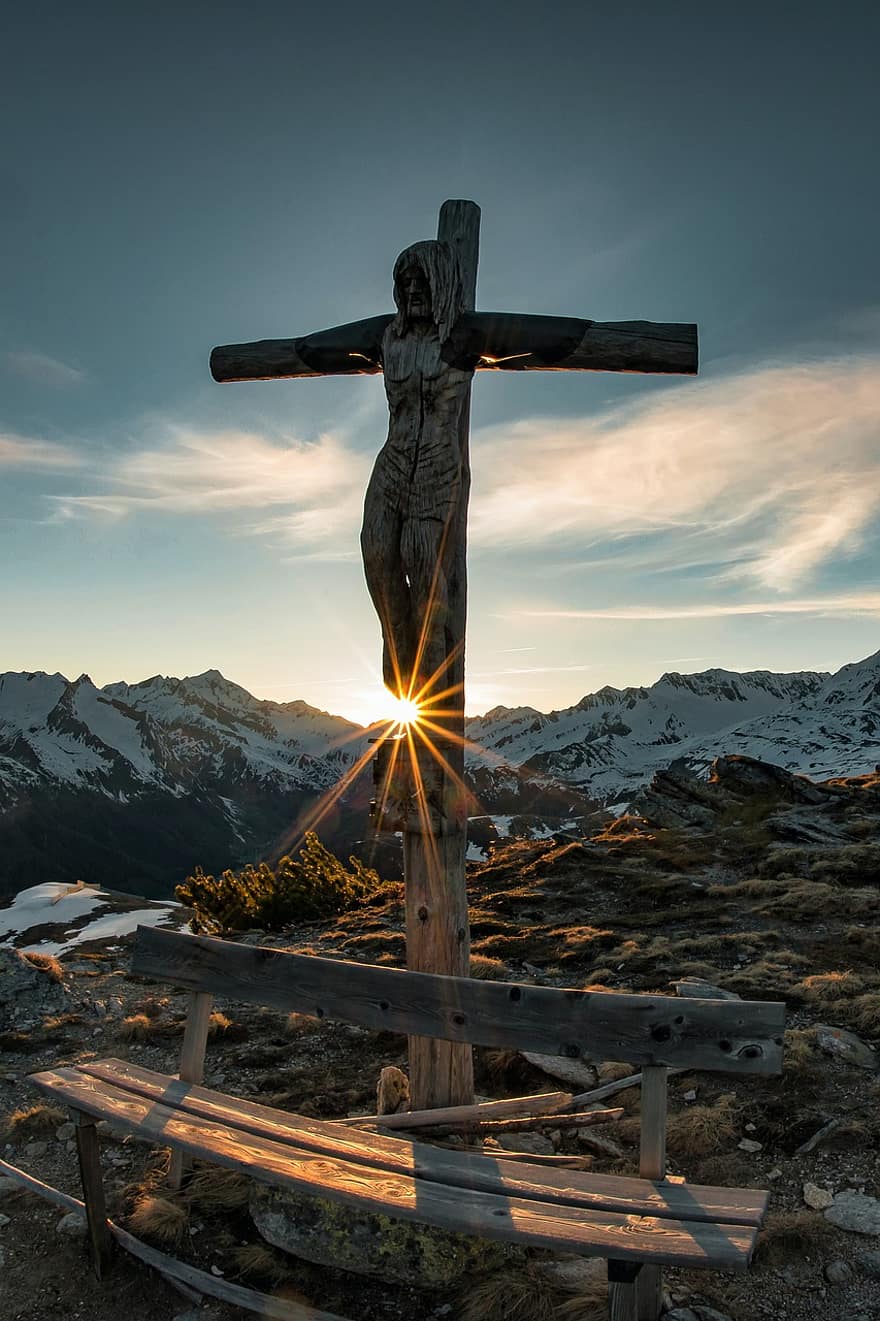 Jesus Christ, Cross, Crucifix, Wooden, Sculpture, Wooden Sculpture, Sunlight, Peak, Summit, Religion, Crucifixion