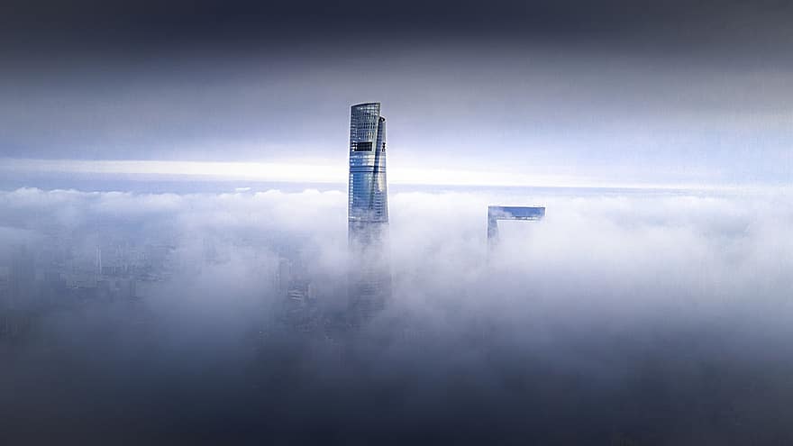 Шанхай, город, небоскреб, городской пейзаж, синий, архитектура, облако, небо, окно, туман, экстерьер здания