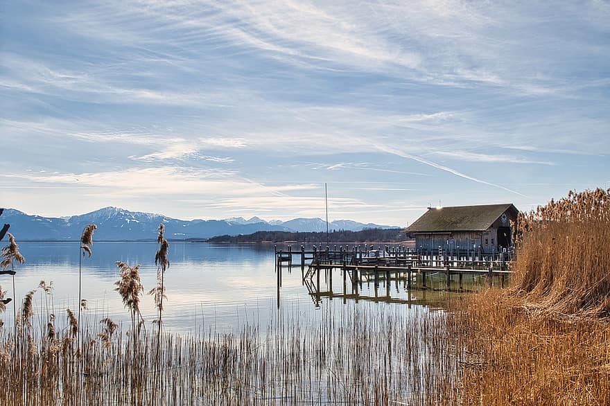 Lake, Boardwalk, Boat House, Dock, Pier, Reflection, Water Reflection, Alps, Alpine, Mountains, Chiemsee