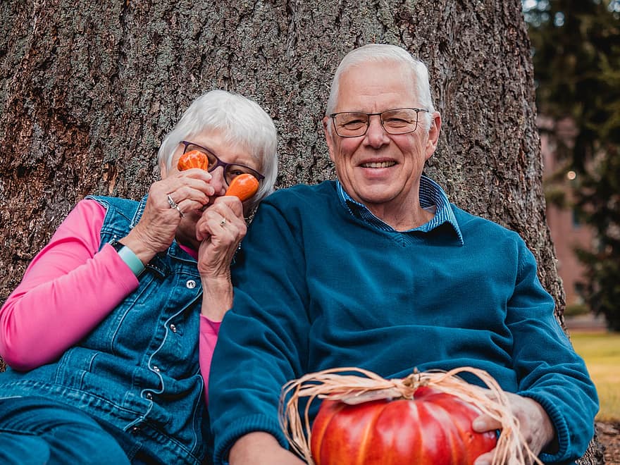 Older Couple, Grandfather, Grandmother, Grandparents, Tree, Fall, Autumn, Happy, Joyful, White Hair, Silly