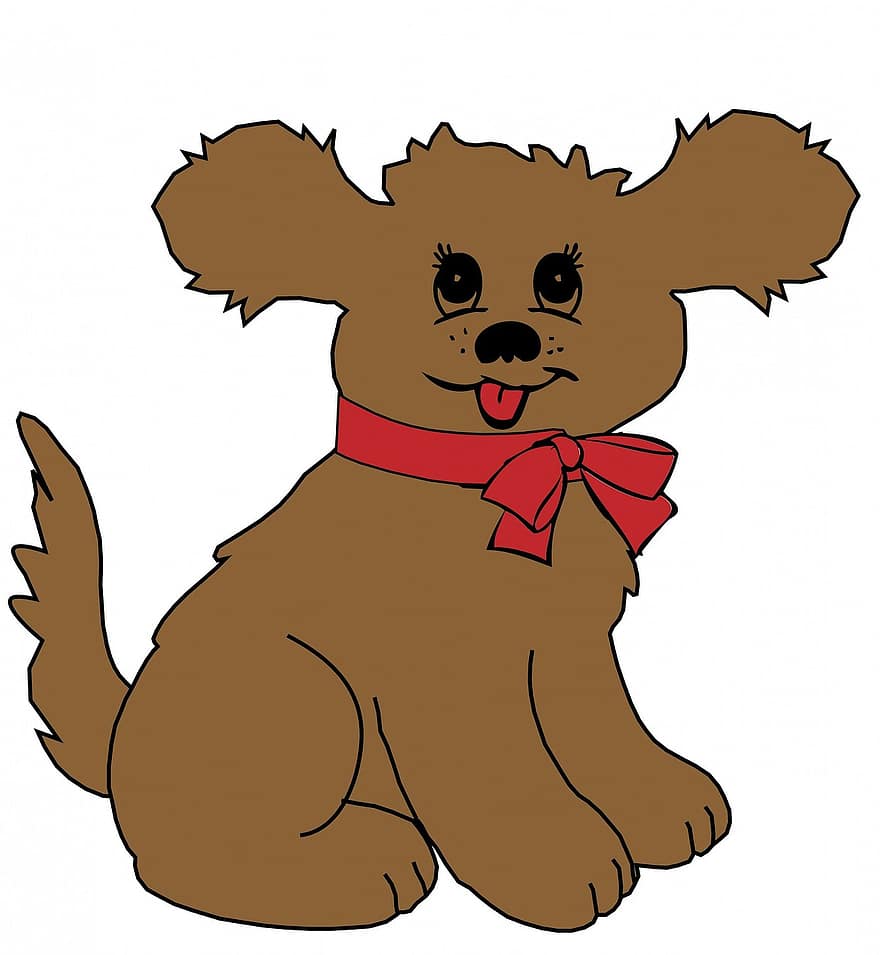 cățeluș, câine, drăguţ, maro, roșu, arc, desen animat, distracţie, Desen animat maro