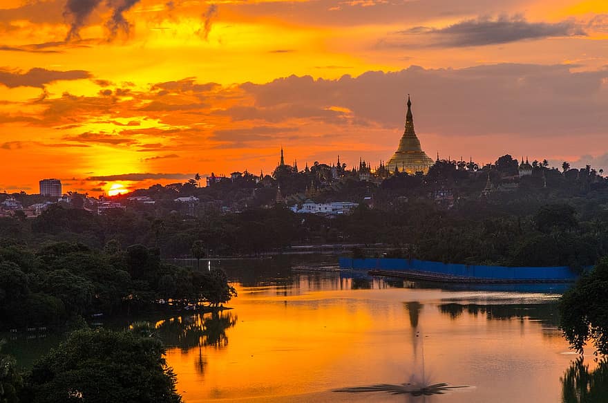 tempel, pagode, zonsondergang, shwedagon, Yangon, Myanmar, Boeddhisme, Boeddha, Birma, religie, reizen