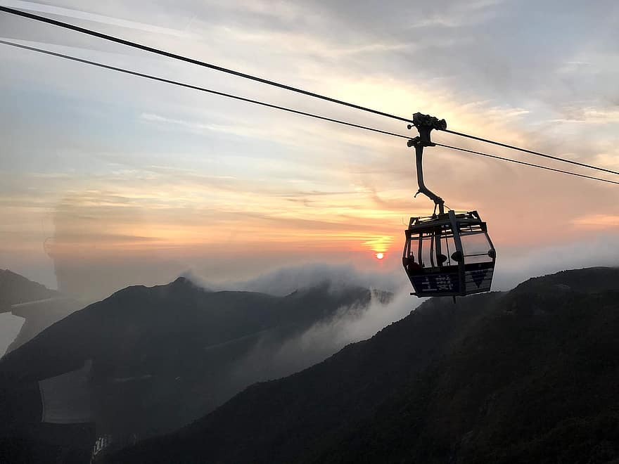 Hong Kong, Teleférico, puesta de sol, telecabina, montañas