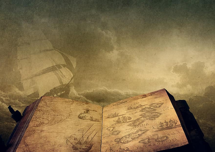 plachetnice, rezervovat, mapa, loď, antický, oceán, bobtnat, bouřlivý, vinobraní, námořnictví, kožený obal