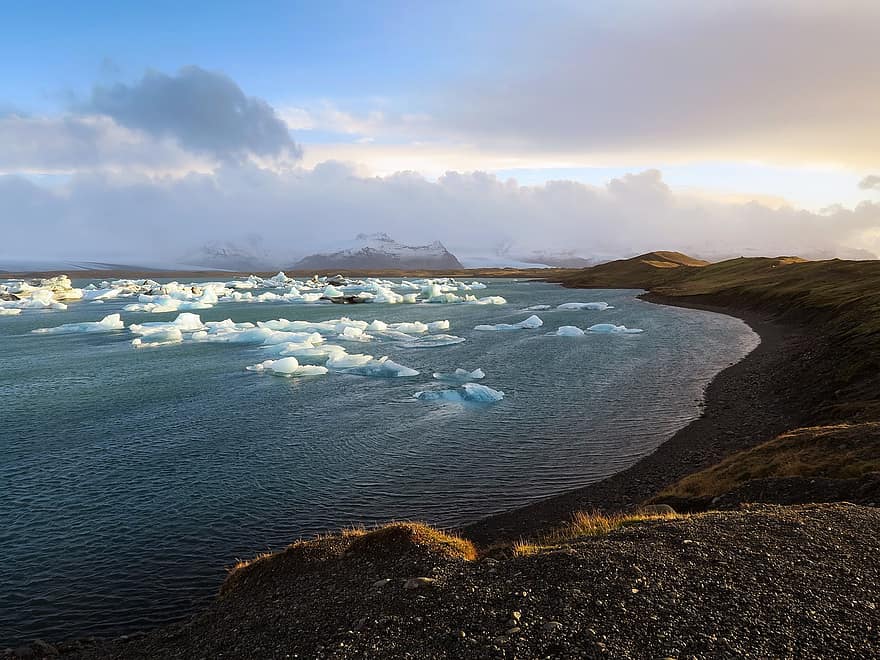 lagūna, ledkalnis, ledas, užšaldyti, vanduo, plūduriuojantis, žiemą, ledinis, pobūdį, jokulsarlon, Islandija
