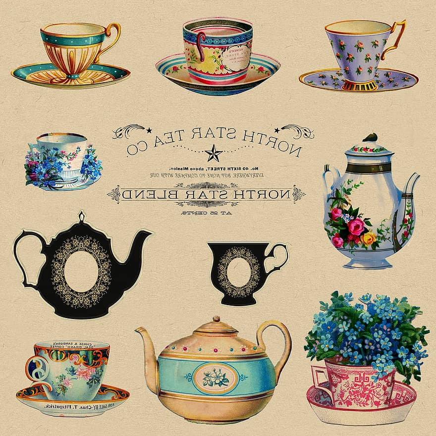 чашки, Вінтаж, ретро, чайник, реклама, квітковий, чашка, чай, пити, напою, блюдце