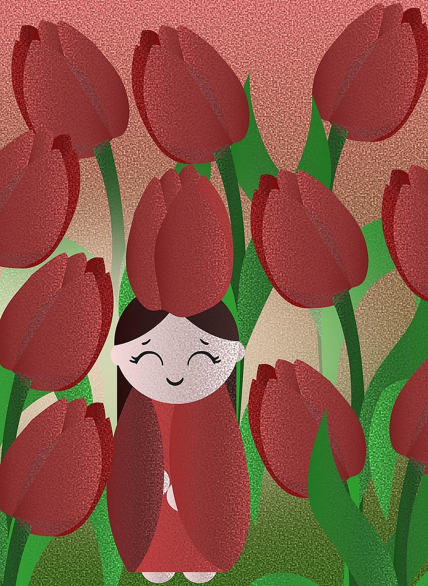 tulipes, flors, imaginació, fantasia, Conte de fades, noia, vector, il·lustració, fons, flor, bonic