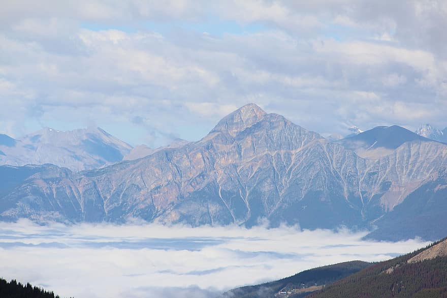 山岳、雲海、霧、風景、サミット、霧の、山脈、自然