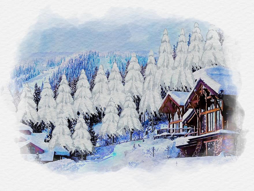Ziemassvētku eglīte, ziemā, balts, ainavu, sniegs, koks, mežs, skats, sala, māja, raksturs