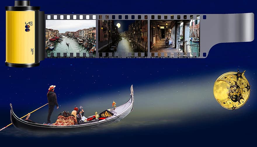 Venezia, gondol, fantasi, måne, maske, karneval, kanal, bilde, minner, Bilder, filmrull