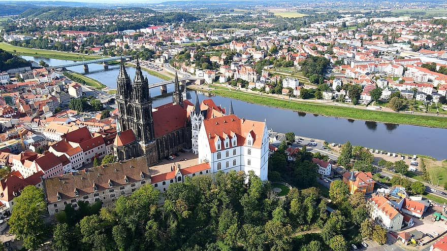Albrachtsburg, río, pueblo, edificios, paisaje urbano, castillo, punto de referencia, histórico, panorama, Elba, meissen