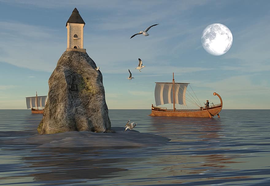 البحر ، شروق الشمس ، قارب ، القوارب ، morgenstimmung ، بحيرة ، رومانسي ، سحاب ، القمر ، النوارس ، النورس