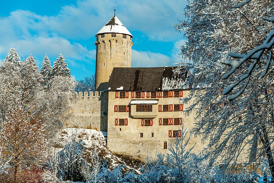 slot, sne, vinter, bygning, tårn, milepæl, historisk, træer, snedækket, vintertid, frost