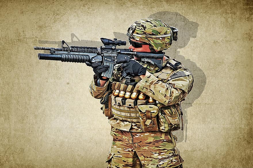 soldat, militaire, rétro, fusil, arme, camouflage, armée, ancien, affiche