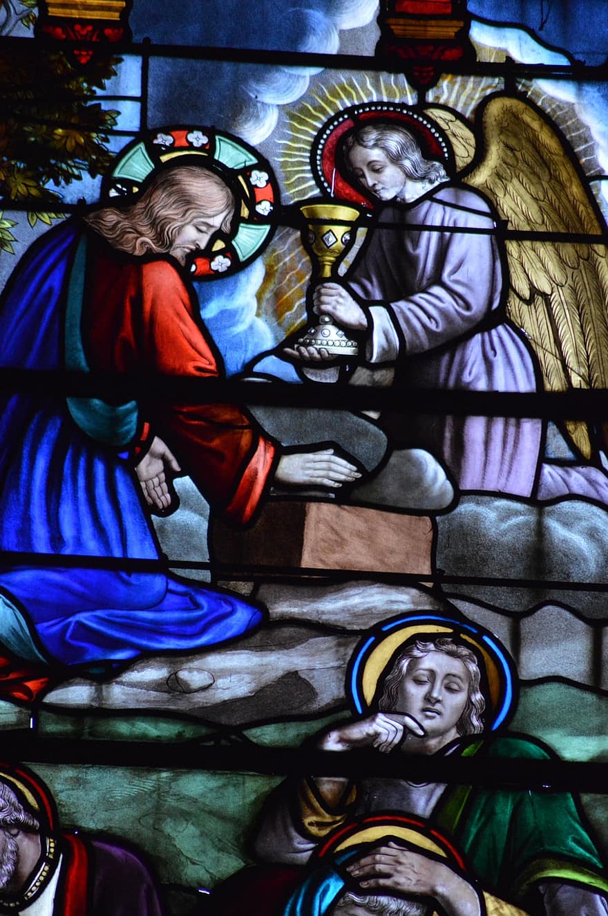 Stained Glass, Angel, Church, Jesus, Agony, Sleeping Disciples, Sadness, Cruciform Halo, Pain, Passion, Olive Garden