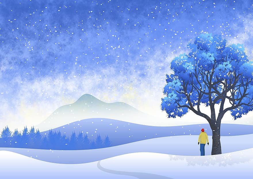 träd, man, snö, snöflingor, ritning, jul, vinter-, kall, panorama, vista, naturskön