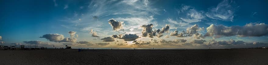 пляж, песок, океан, Силуэты, заход солнца, Восход, облака, кучевые облака, панорама, Марина
