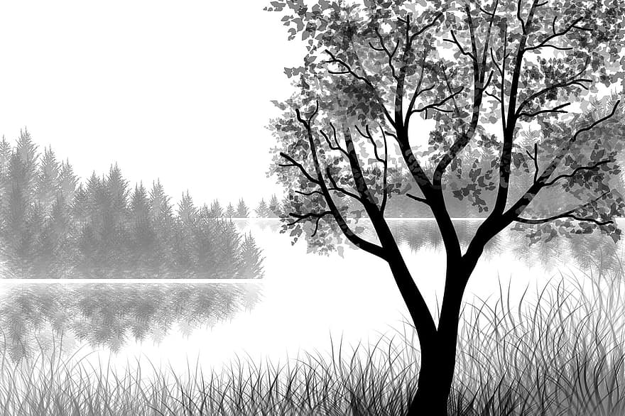 konst, natur, bakgrund, landskap, träd, sjö, svartvit, miljö, naturskön, scenario, målning