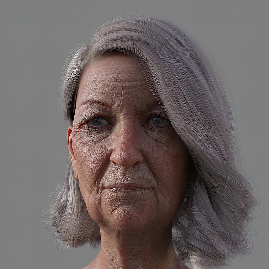 dona, àvia, retrat, gent gran, adult gran, dones, adult, una persona, Cabells grisos, procés d’envelliment, arrugat