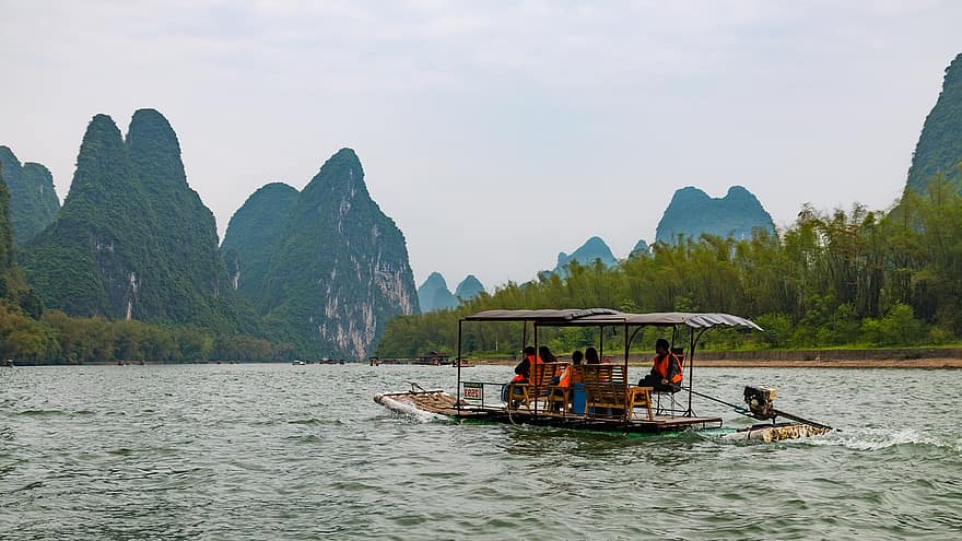 cestovat, Příroda, průzkum, cestovní ruch, yangshuo, lijiang, bambusový vor, řeka, námořní plavidlo, voda, hora