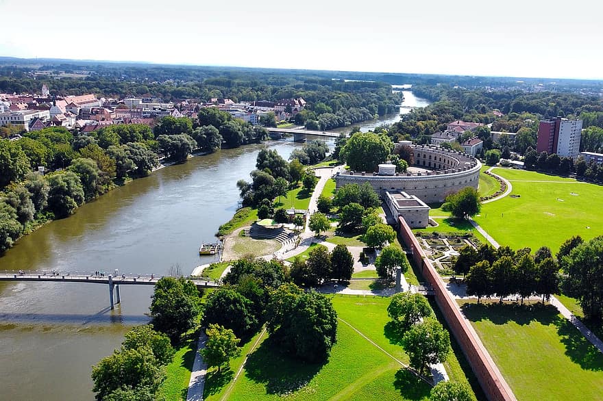 Ingolstadt, bajorországi, felső bajorország, klenze park, állami kerti show, Duna, híd, vármező, hídfő, város, belváros