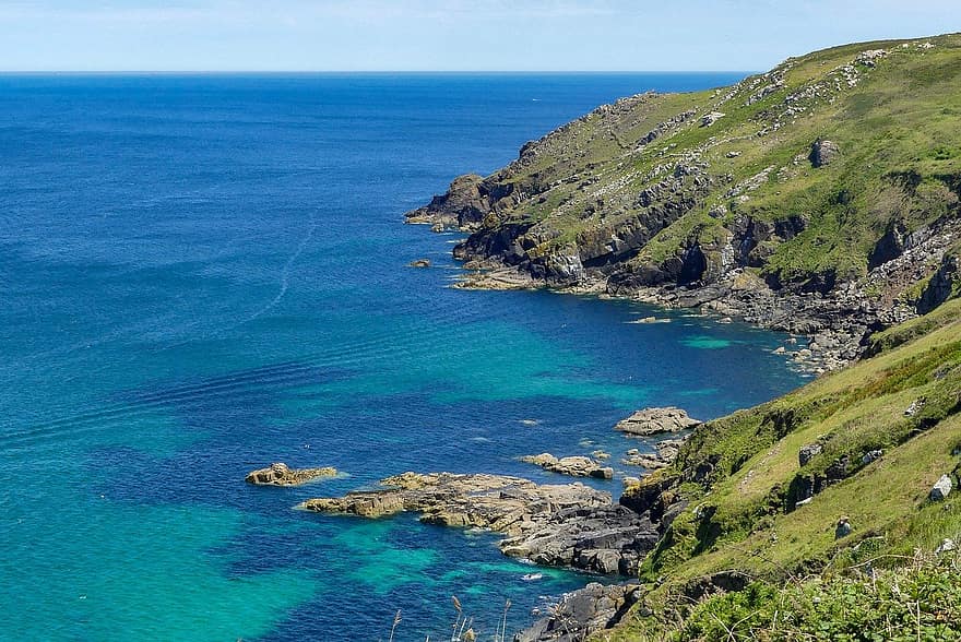 coastă, mare, natură, decor, litoral, apă, mare albastra, orizont, Cornwall, Anglia, albastru