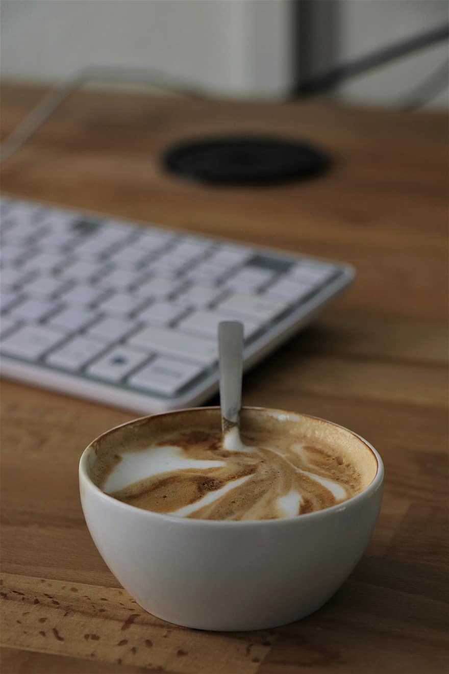 koffie, espresso, kantoor, ontbijt, cafeïne, toetsenbord, vers, geur, breken, ochtend-, tafel