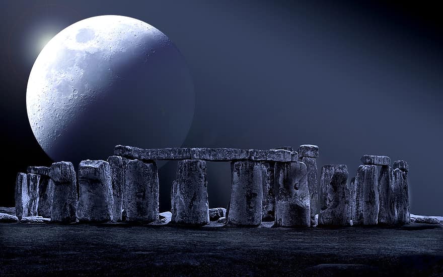 Stonehenge, Luna, Luna llena, círculo de piedra, cielo nocturno, misticismo, Sitios culturales, Inglaterra, noche, ruina, piedra