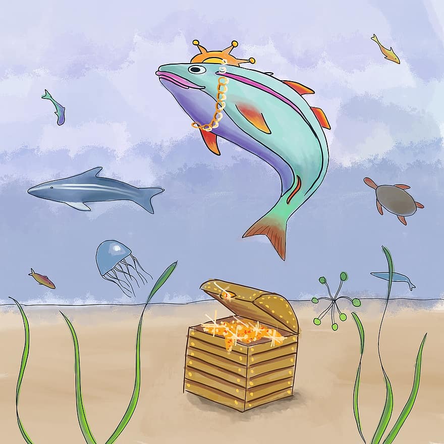 fisk, skat, bryst, hav, undervands-, dronning, krone, arter, skildpadde, ocean, illustration