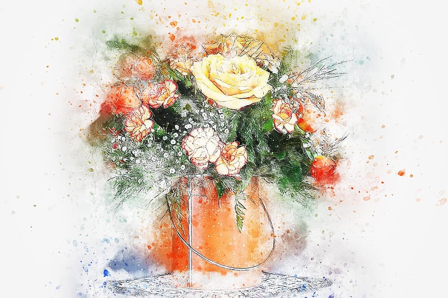 Blumen, Strauß, Vase, Kunst, abstrakt, Natur, Rosen, Hochzeit, Aquarell, Jahrgang, Frühling