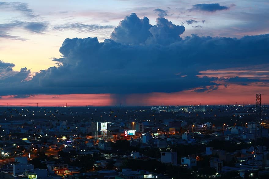napnyugta, város, városkép, szürkület, este, Saigon, Ho Si Minh Város, Vietnam, épületek, városi, Lámpák