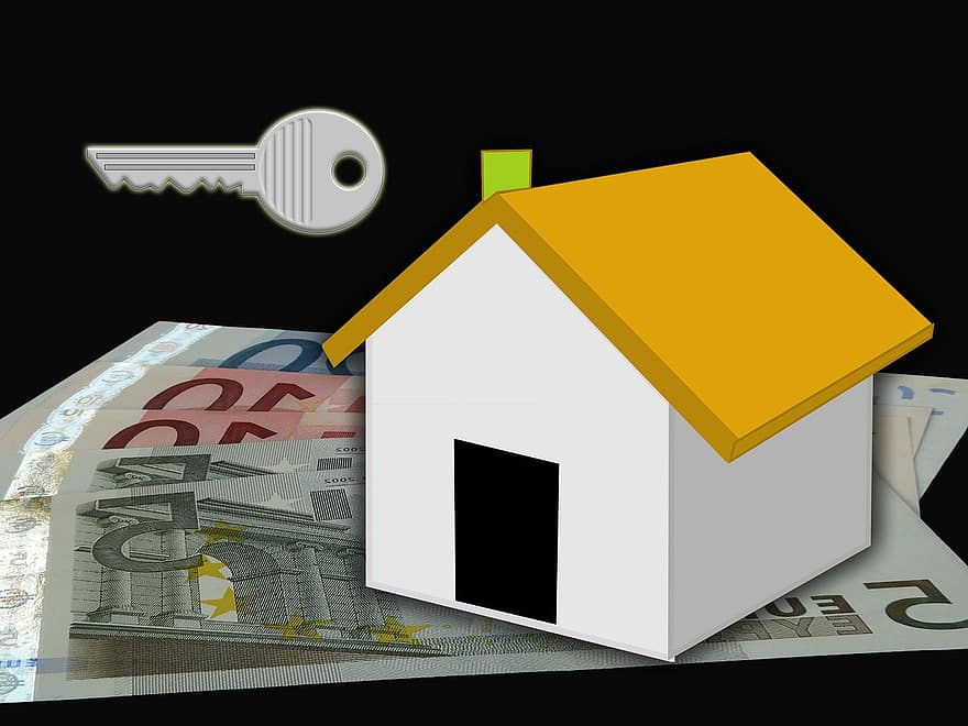hus, nyckel-, sedel, sedlar, euro, papperspengar, finansiera, pengar, betala, företag, dollarsedel
