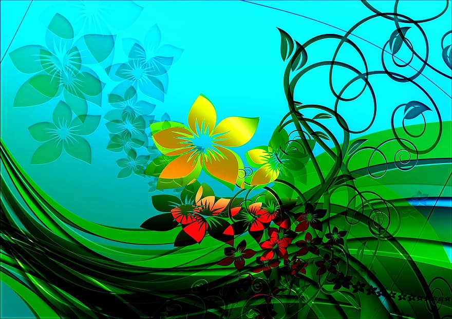 květiny, kringel, řádky, flóra, list, ranke, jaro, rostlina, letní, styl