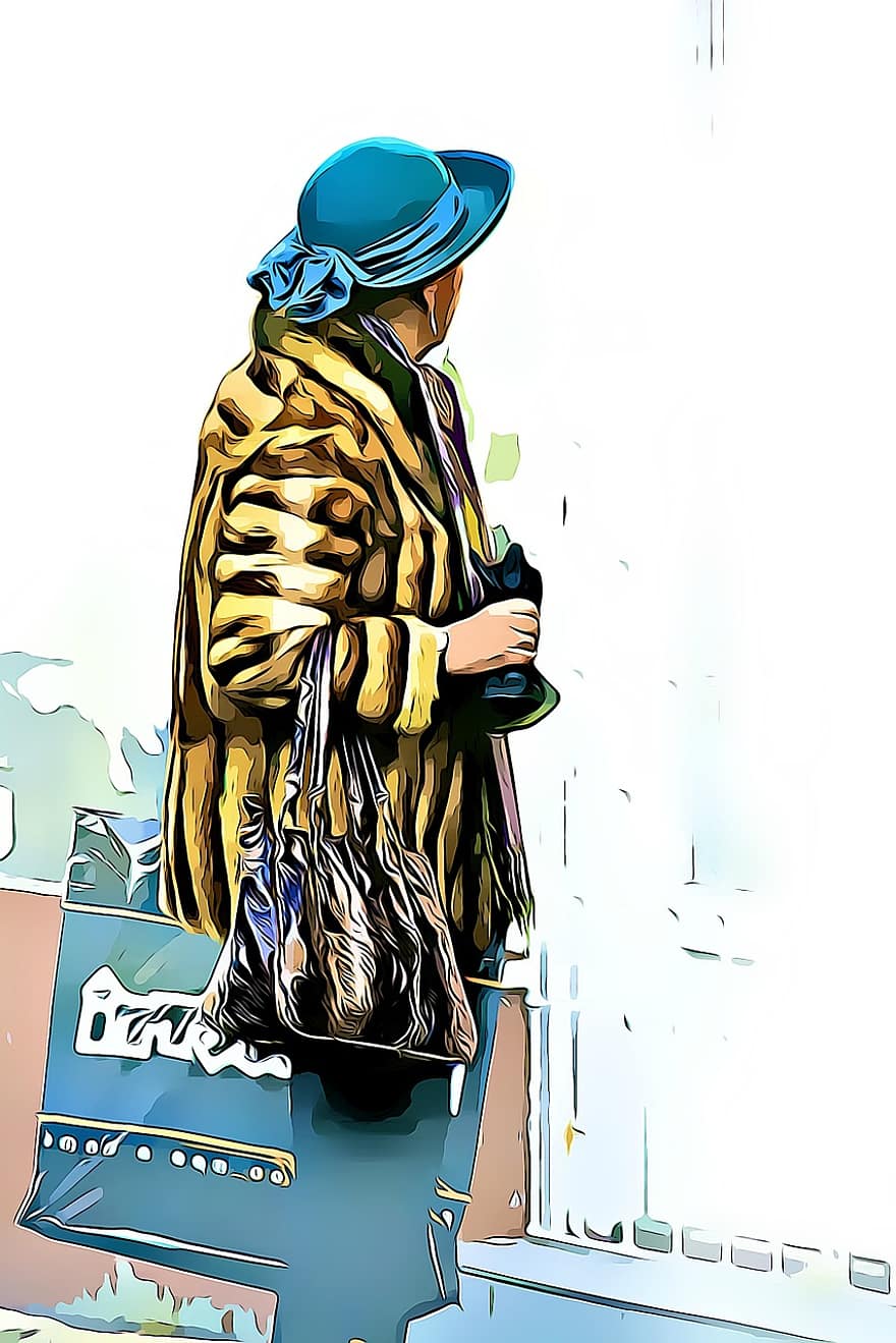 wanita tua, mode, topi, mantel bulu, jaket, pakaian, dingin, membeli, kaya