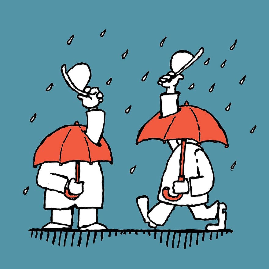 chuva, guarda-chuvas, bonés, cumprimento, seco, molhado, cavalheiros, pessoas, chuva azul