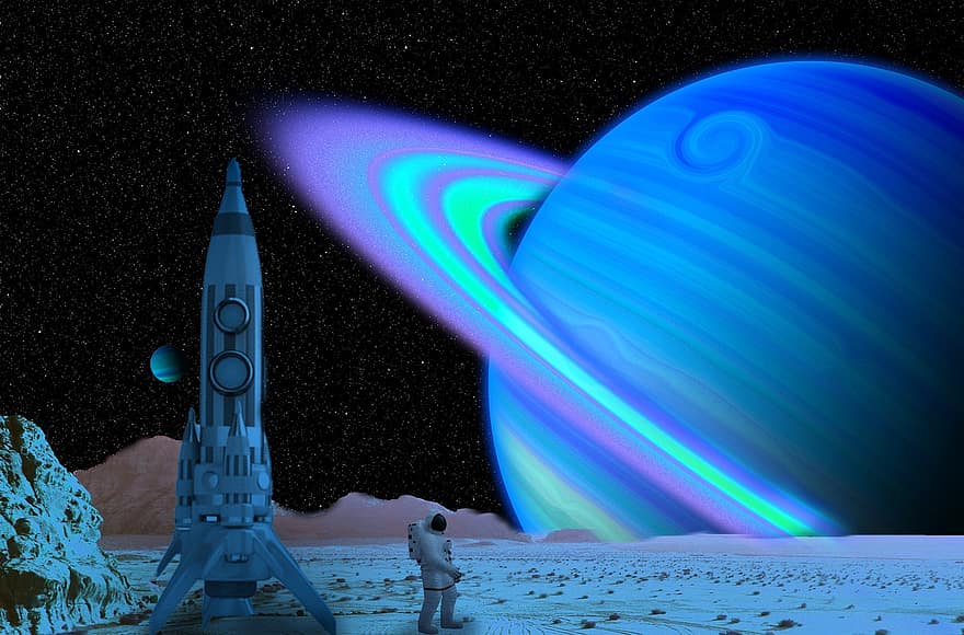 Background, Space, Saturn, Rocket, Astronaut, galaxy, science, astronomy, spaceship, planet, star
