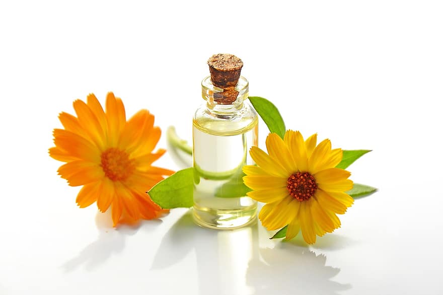 vigtig olie, kosmetologi, spa, kosmetisk olie, naturligt produkt, blomster, calendula, naturlig kosmetisk, aromaterapi, medicin, videnskab