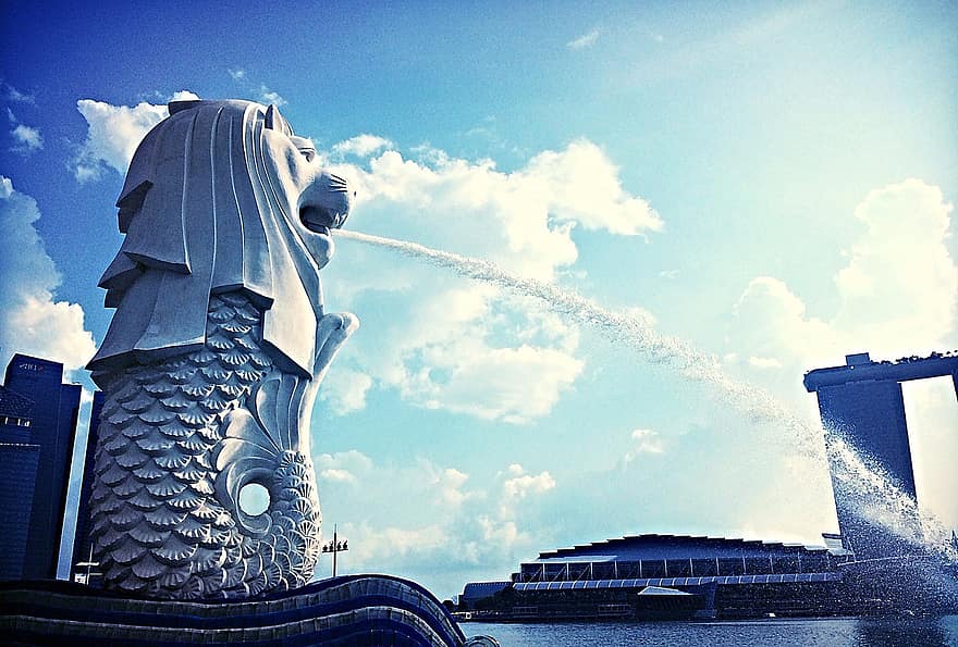 singapore, merlion, himmel, moln, landskap, attraktioner, turism, resa