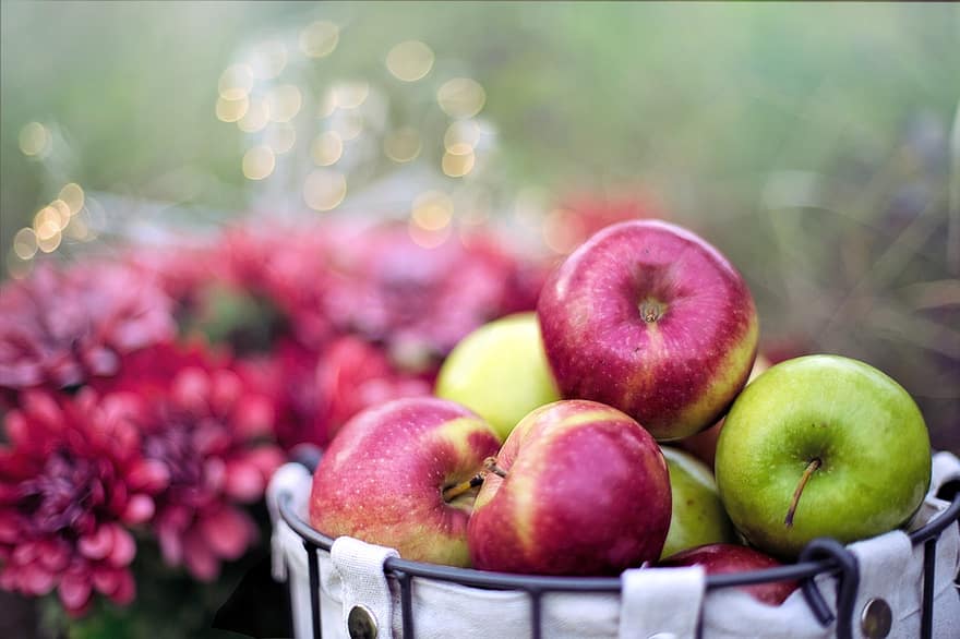 사과, 과일, 식품, 신선한, 본질적인, 건강한, 비타민, 빨간 사과, 녹색 사과, 바구니