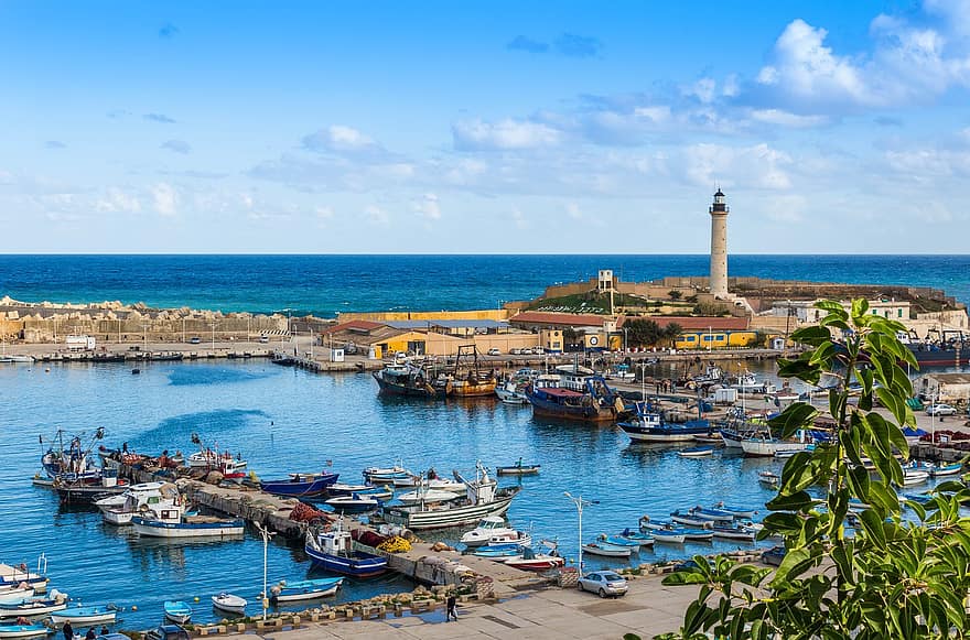 világítótorony, Cherchell, Algéria, kikötő, halászat, kék, tenger, víz, csónak, felhők, ünnep