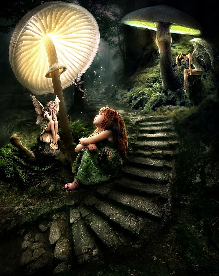 fantazie, víla, houba, anděl, křídla, dívka, schody, mystický, tajemství, magický, světlo