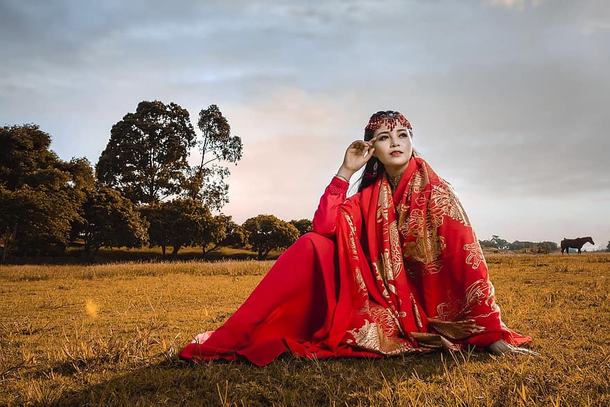 жена, костюм, национален, Виетнам, виетнамски, Ханой, древен костюм, Азия, пейзаж, извън, трева