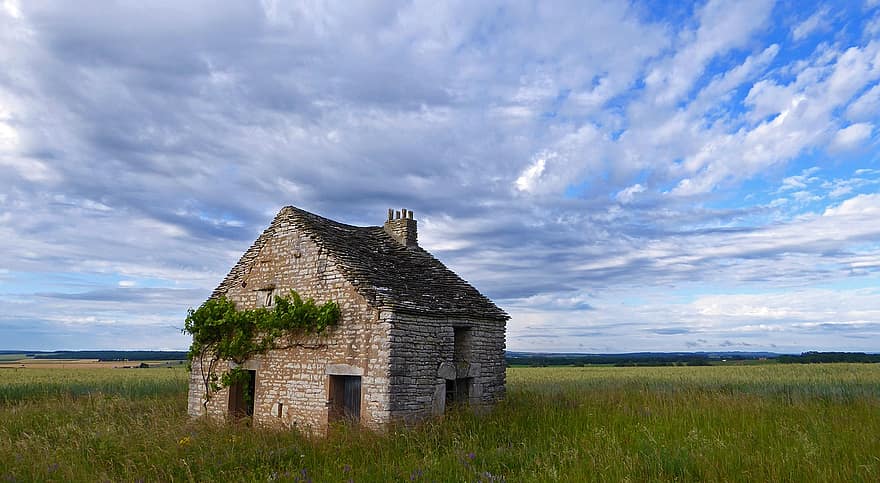 maison abandonnée, campagne, Prairie, Une maison en brique, scène rurale, vieux, architecture, été, herbe, l'histoire, abandonné